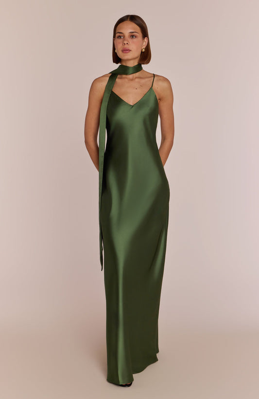 Brooklyn Dress in Olive Green Satin