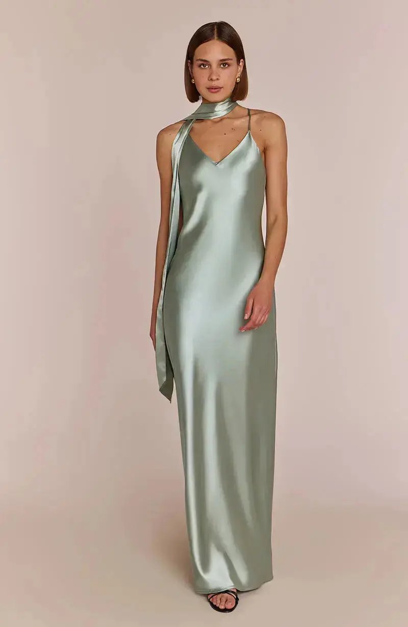 Brooklyn Dress in Sage Green Satin
