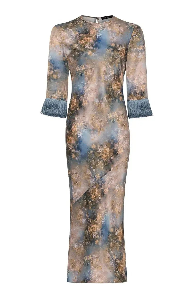 Dolly Fringe Long Sleeve Dress in Blue Print