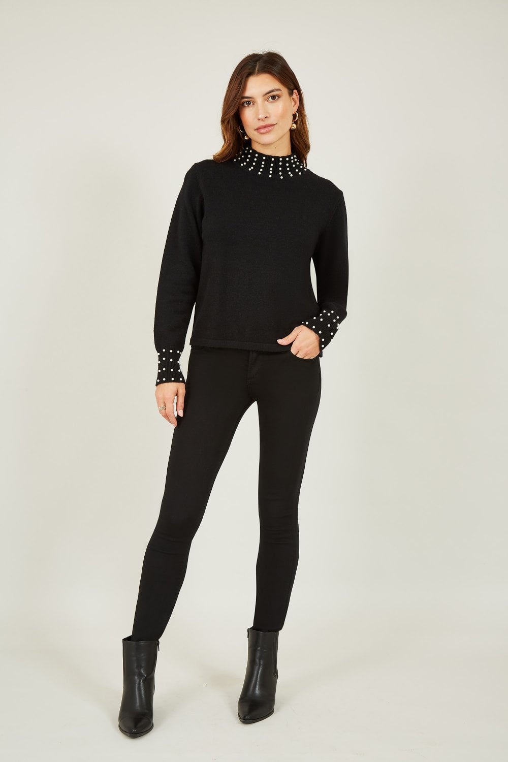 Mela Black Pearl Detail High Neck Jumper