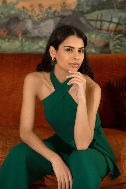 Mela Green Cross Over Halter Neck Jumpsuit