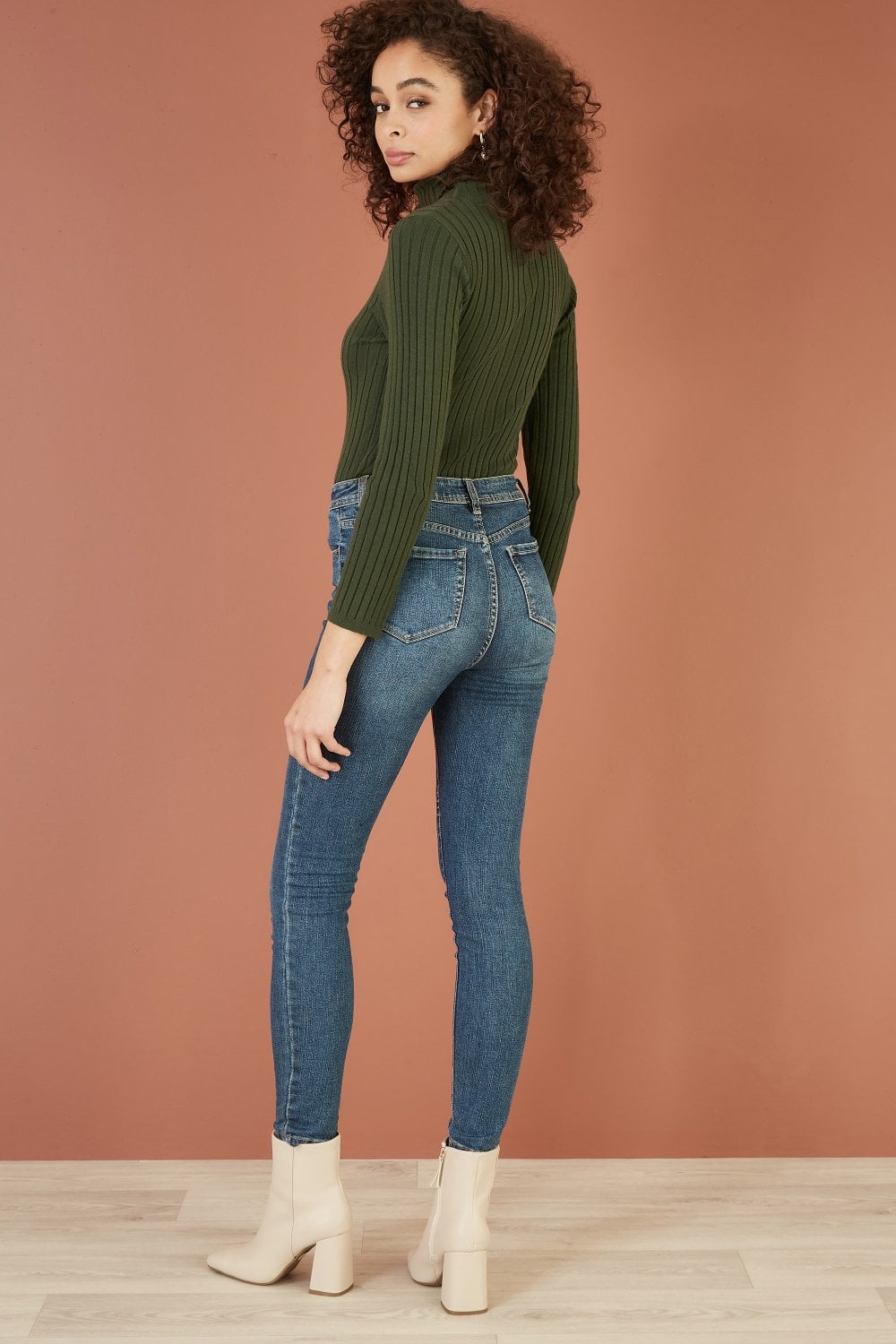 Mela Green Ribbed Knit Roll Neck Jumper