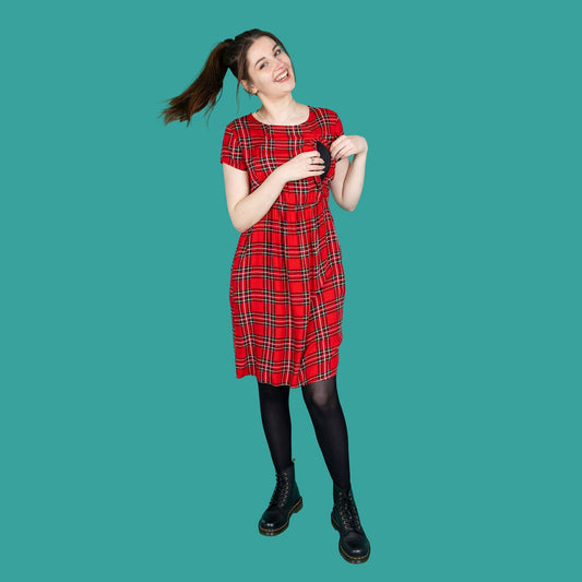The Knee Length Breastfeeding Dress - Red Tartan Cotton Pre
