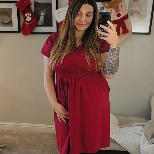 Burgundy Red Cotton Breastfeeding Dress