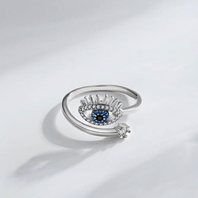 Silver Rhodium Plated Sparkling Zirconia Adjustable Blue Evil Eye Ring ERLR013