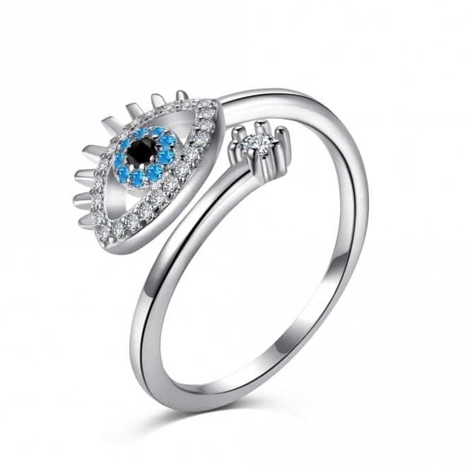 Silver Rhodium Plated Sparkling Zirconia Adjustable Blue Evil Eye Ring ERLR013