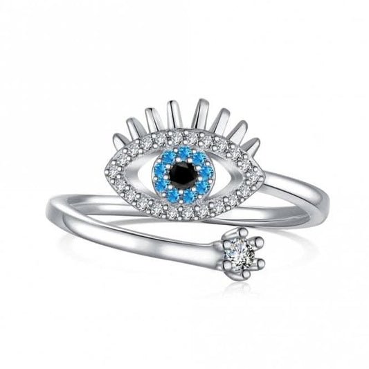 Silver Rhodium Plated Sparkling Zirconia Adjustable Blue Evil Eye Ring ERLR013