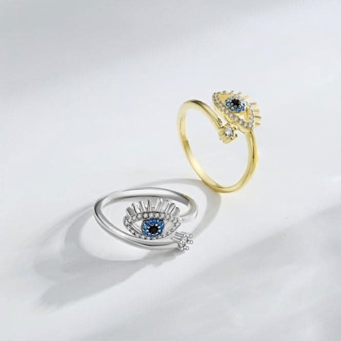 Silver Rhodium Plated Sparkling Zirconia Adjustable Blue Evil Eye Ring ERLR013