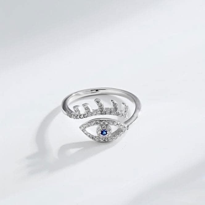 Silver Rhodium Plated Sparkling Zirconia Adjustable Evil Eye Ring ERLR014