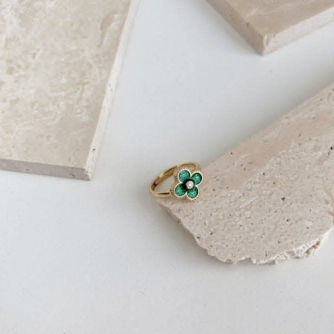 Sterling Silver Gold Plated Adjustable Green Lucky 4 Leaf Ring ERLR005