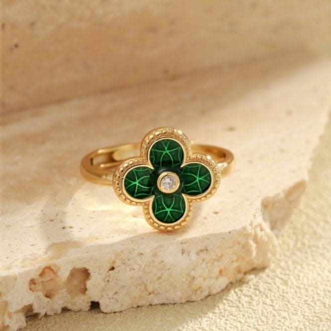 Sterling Silver Gold Plated Adjustable Green Lucky 4 Leaf Ring ERLR005