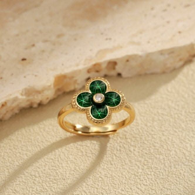 Sterling Silver Gold Plated Adjustable Green Lucky 4 Leaf Ring ERLR005