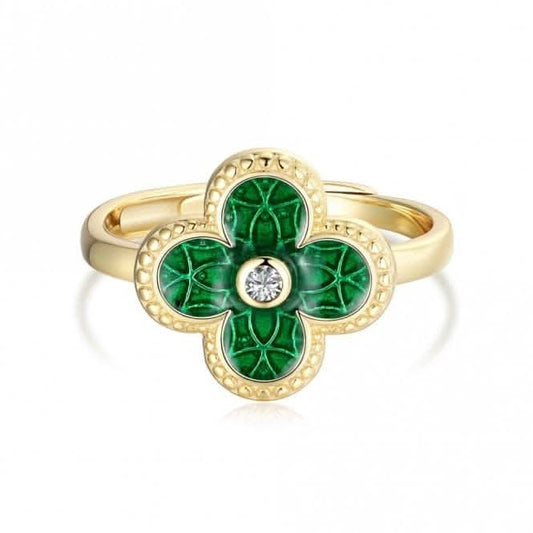 Sterling Silver Gold Plated Adjustable Green Lucky 4 Leaf Ring ERLR005