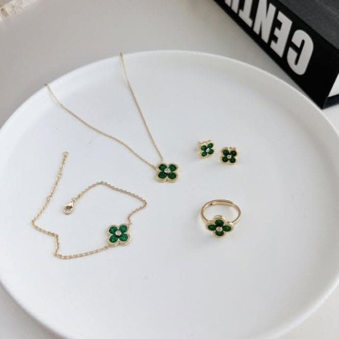 Sterling Silver Gold Plated Adjustable Green Lucky 4 Leaf Ring ERLR005