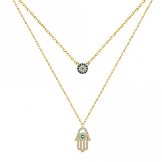 Sterling Silver Gold Plated Double Chain Evil Eye Necklace ERLN037