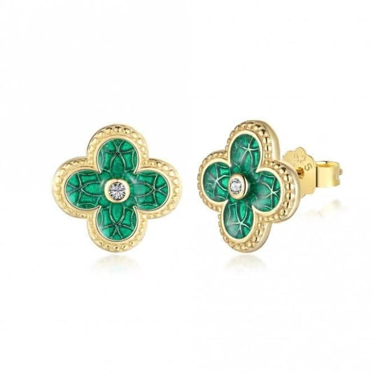 Sterling Silver Gold Plated Green Lucky 4 Leaf Earrings ERLE078