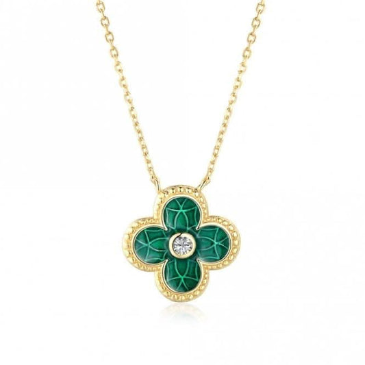 Sterling Silver Gold Plated Green Lucky 4 Leaf Necklace ERLN029