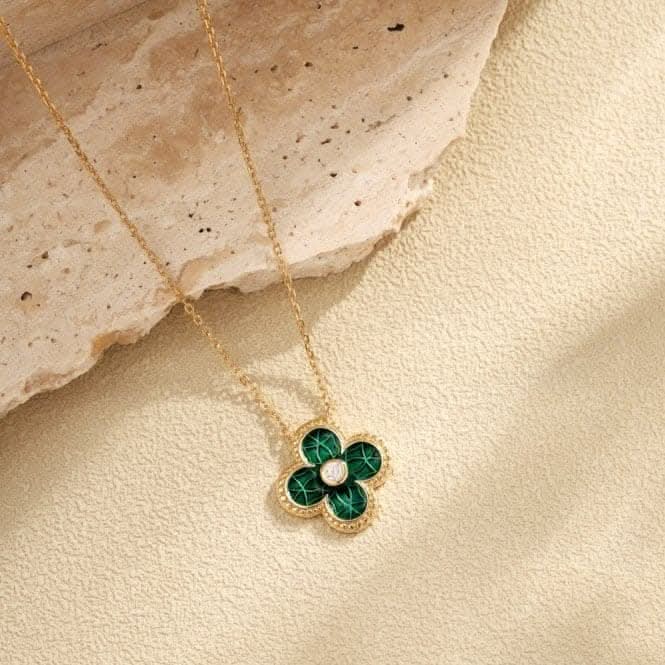 Sterling Silver Gold Plated Green Lucky 4 Leaf Necklace ERLN029