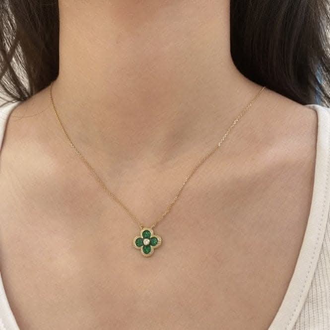Sterling Silver Gold Plated Green Lucky 4 Leaf Necklace ERLN029