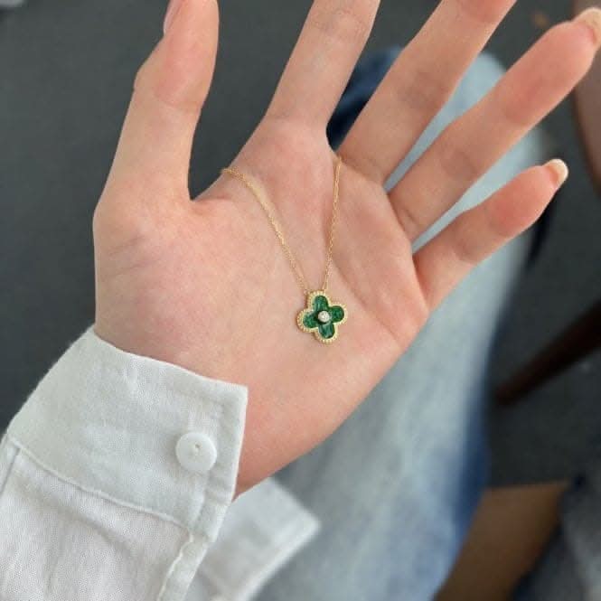 Sterling Silver Gold Plated Green Lucky 4 Leaf Necklace ERLN029