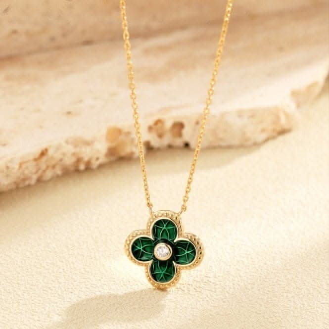 Sterling Silver Gold Plated Green Lucky 4 Leaf Necklace ERLN029