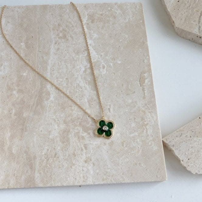 Sterling Silver Gold Plated Green Lucky 4 Leaf Necklace ERLN029