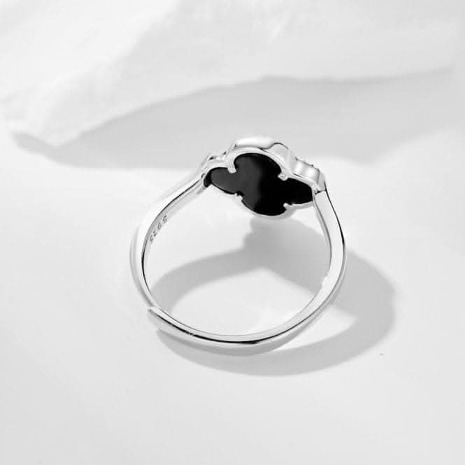 Sterling Silver Rhodium Plated Adjustable Black Lucky 4 Leaf Ring ERLR007
