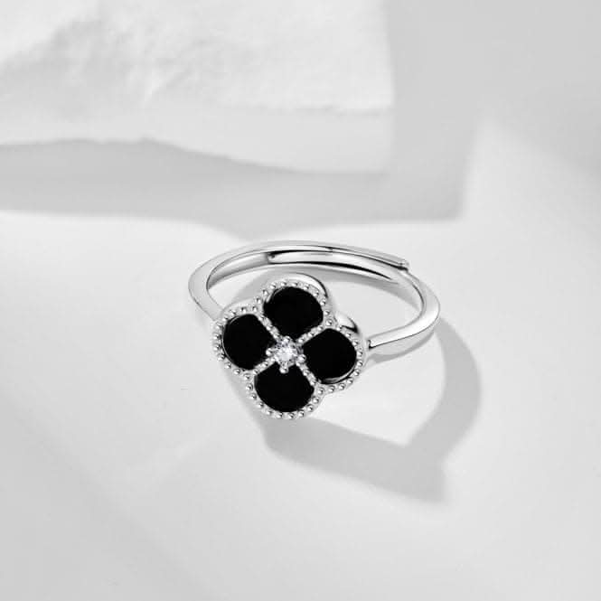 Sterling Silver Rhodium Plated Adjustable Black Lucky 4 Leaf Ring ERLR007