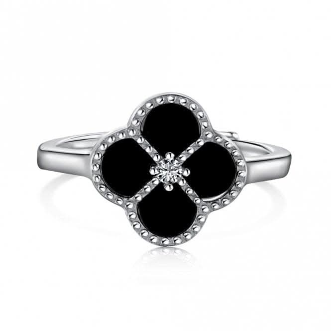 Sterling Silver Rhodium Plated Adjustable Black Lucky 4 Leaf Ring ERLR007
