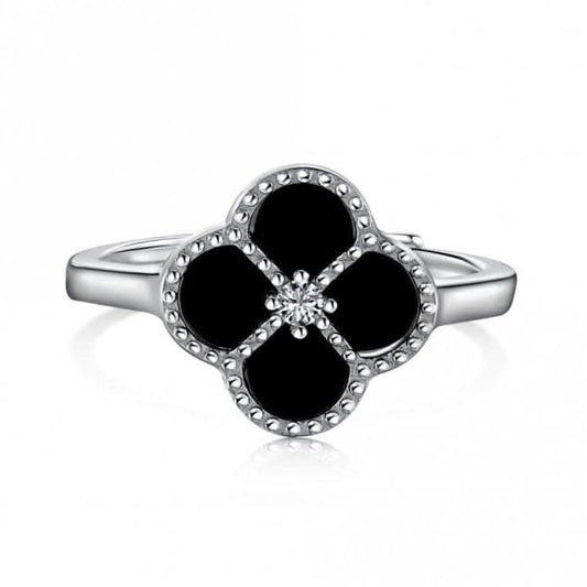 Sterling Silver Rhodium Plated Adjustable Black Lucky 4 Leaf Ring ERLR007