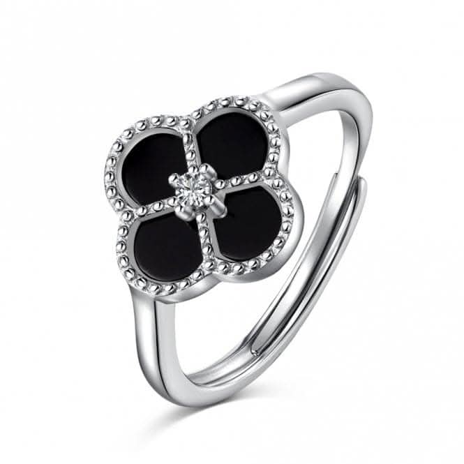 Sterling Silver Rhodium Plated Adjustable Black Lucky 4 Leaf Ring ERLR007