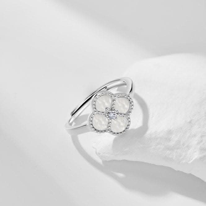 Sterling Silver Rhodium Plated Adjustable White Lucky 4 Leaf Ring ERLR008