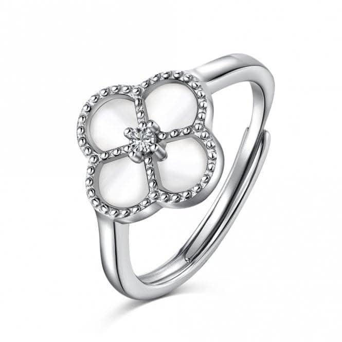 Sterling Silver Rhodium Plated Adjustable White Lucky 4 Leaf Ring ERLR008