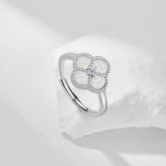 Sterling Silver Rhodium Plated Adjustable White Lucky 4 Leaf Ring ERLR008