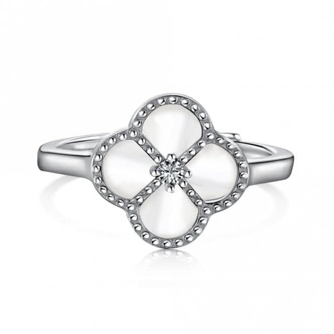 Sterling Silver Rhodium Plated Adjustable White Lucky 4 Leaf Ring ERLR008
