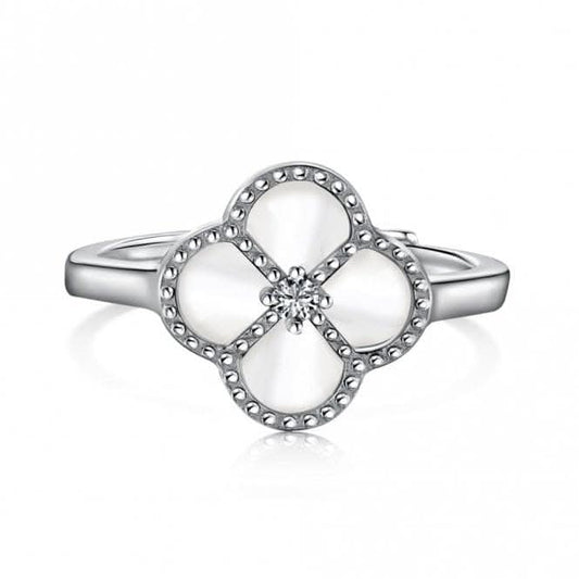 Sterling Silver Rhodium Plated Adjustable White Lucky 4 Leaf Ring ERLR008