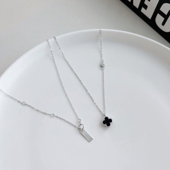 Sterling Silver Rhodium Plated Black Lucky 4 Leaf Necklace ERLN033