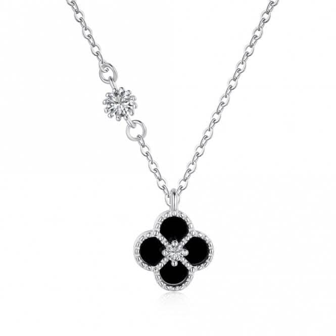 Sterling Silver Rhodium Plated Black Lucky 4 Leaf Necklace ERLN033
