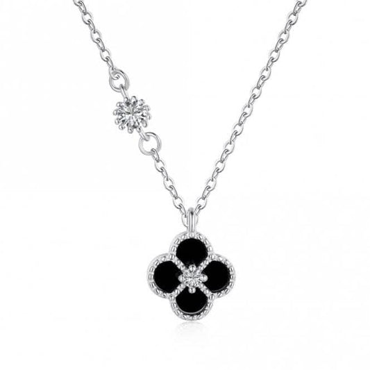 Sterling Silver Rhodium Plated Black Lucky 4 Leaf Necklace ERLN033