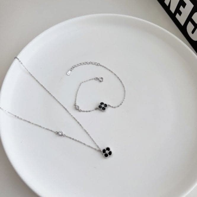 Sterling Silver Rhodium Plated Black Lucky 4 Leaf Necklace ERLN033