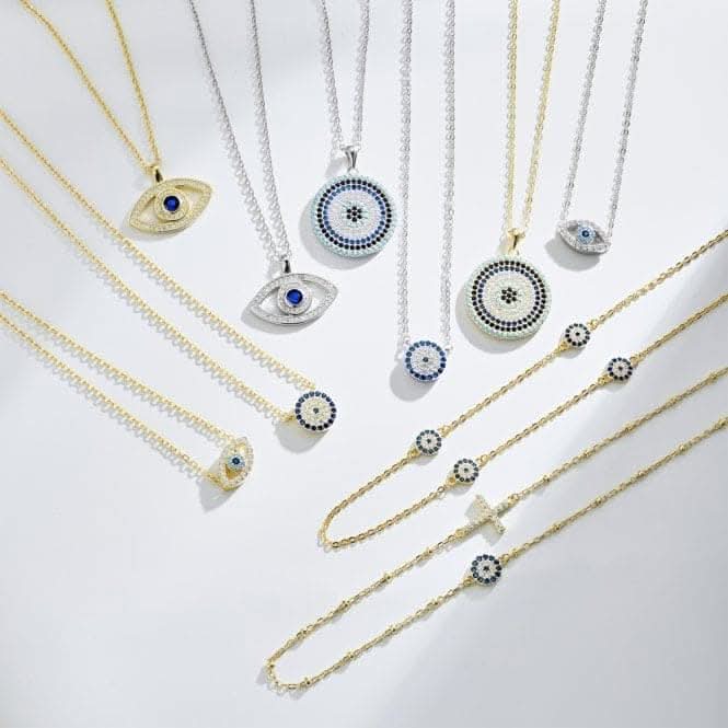 Sterling Silver Rhodium Plated Blue Evil Eye Necklace ERLN040
