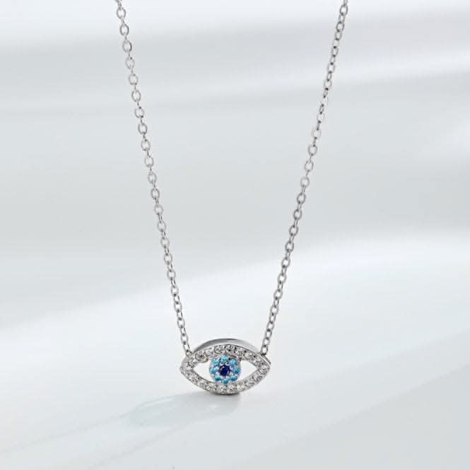 Sterling Silver Rhodium Plated Blue Evil Eye Necklace ERLN040