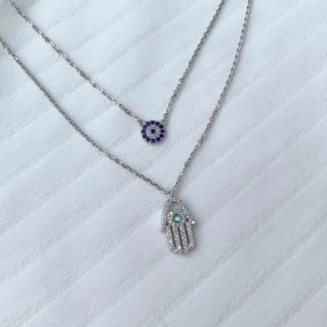 Sterling Silver Rhodium Plated Double Chain Evil Eye Necklace ERLN038