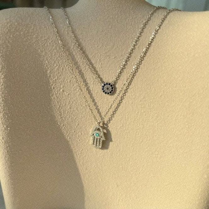 Sterling Silver Rhodium Plated Double Chain Evil Eye Necklace ERLN038