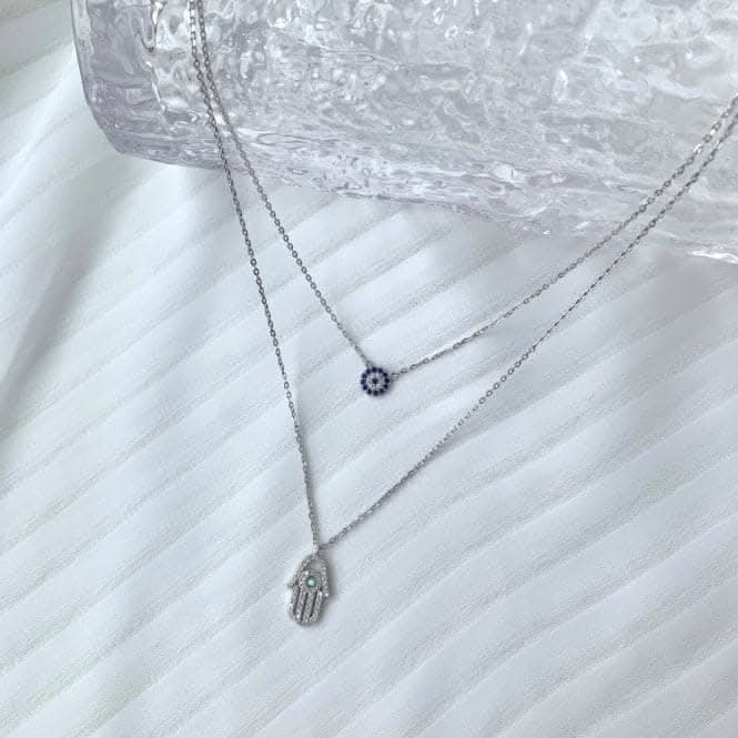 Sterling Silver Rhodium Plated Double Chain Evil Eye Necklace ERLN038