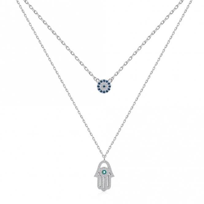 Sterling Silver Rhodium Plated Double Chain Evil Eye Necklace ERLN038