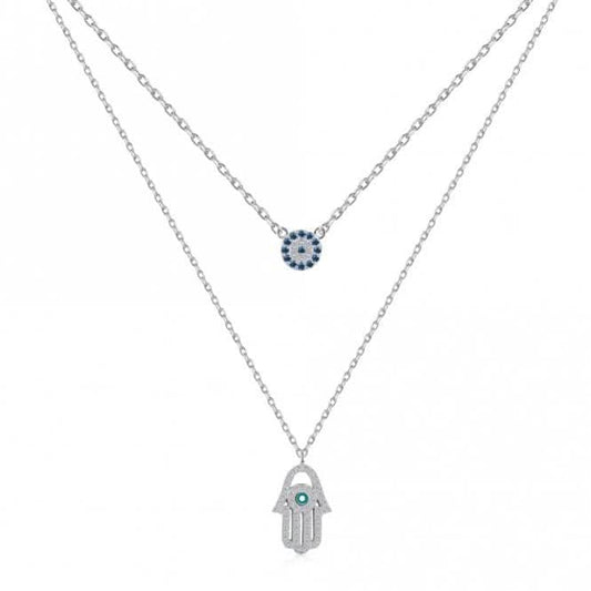 Sterling Silver Rhodium Plated Double Chain Evil Eye Necklace ERLN038