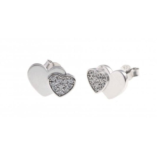 Sterling Silver Rhodium Plated Double Heart Stud Earrings ERLE011