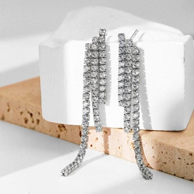 Sterling Silver Rhodium Plated Graduated Drop Sparkling Strand Earrings ERLE037