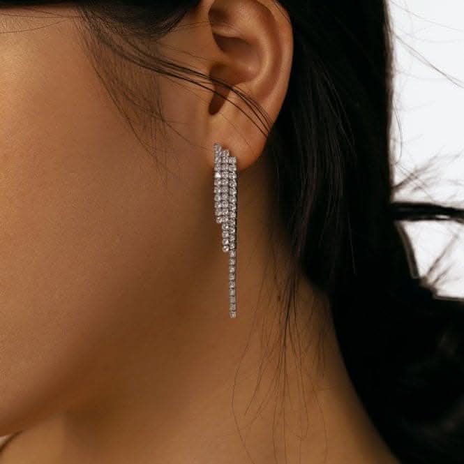 Sterling Silver Rhodium Plated Graduated Drop Sparkling Strand Earrings ERLE037